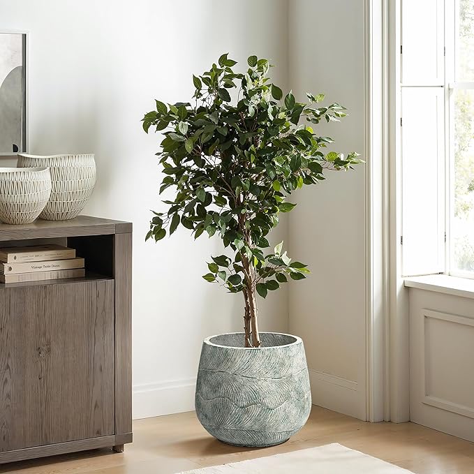 LuxenHome 14" Dia Rustic Weathered Cement Round Planter, Large Outdoor Indoor Plant Pot with Drainage Hole and Rubber Plug, Distressed Decorative Flower Pot for Home Garden Patio Porch