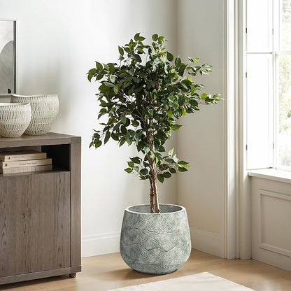 LuxenHome 14" Dia Rustic Weathered Cement Round Planter, Large Outdoor Indoor Plant Pot with Drainage Hole and Rubber Plug, Distressed Decorative Flower Pot for Home Garden Patio Porch