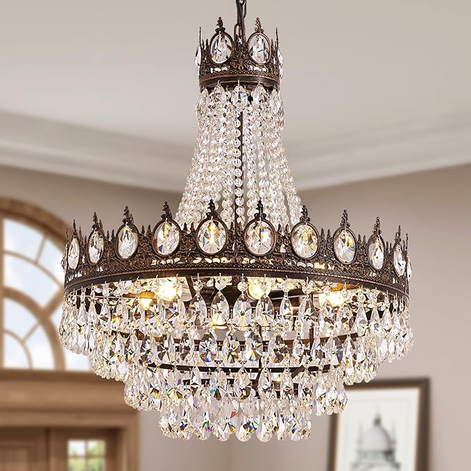 Vintage Crystal Chandeliers for Dining Room Light Fixture, 9-Light Antique Bronze French Empire Chandelier for Foyer Entryway Kitchen Island Bar Living Room, D24 x H27