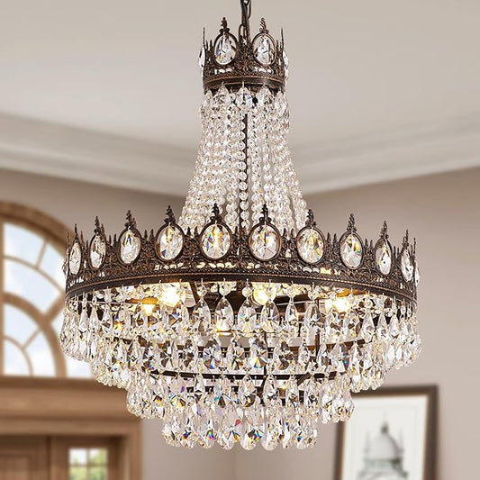 Vintage Crystal Chandeliers for Dining Room Light Fixture, 9-Light Antique Bronze French Empire Chandelier for Foyer Entryway Kitchen Island Bar Living Room, D24 x H27