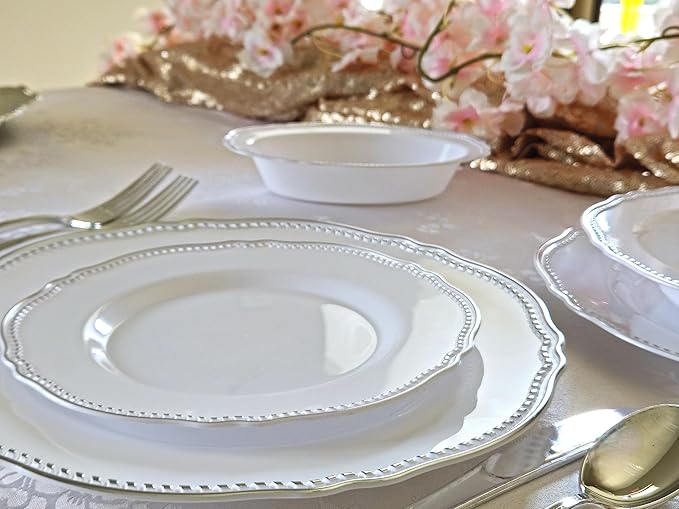 " OCCASIONS " 50 Plates Pack (25 Guests)-Heavyweight Wedding Party Disposable Plastic Plate Set -25 x 10.25'' Dinner + 25 x 7.5'' Salad/dessert plates (Rochelle White and Silver)