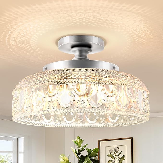 Lamomo Semi Flush Mount Ceiling Light,Upgraded Larger Silver Hallway Light Fixture,3-Bulb Globe Glass Close to Ceiling Scone, Indoor Hanging Light for Bedroom Kitchen Porch Hallway,Bulbs Not Included