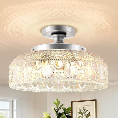 Lamomo Semi Flush Mount Ceiling Light,Upgraded Larger Silver Hallway Light Fixture,3-Bulb Globe Glass Close to Ceiling Scone, Indoor Hanging Light for Bedroom Kitchen Porch Hallway,Bulbs Not Included