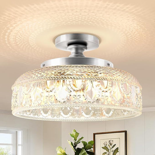 Lamomo Semi Flush Mount Ceiling Light,Upgraded Larger Silver Hallway Light Fixture,3-Bulb Globe Glass Close to Ceiling Scone, Indoor Hanging Light for Bedroom Kitchen Porch Hallway,Bulbs Not Included
