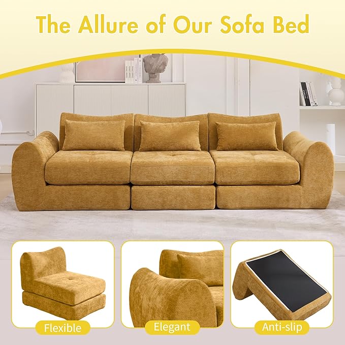 101.6" Modular Sectional Cloud Sofa,Floor Boneless Couch, 4-in-1 Folding Convertible Sofa Bed, Modular Cushion Couch,Suitable for Living Room,Bedroom and Recreation Room(Yellow)