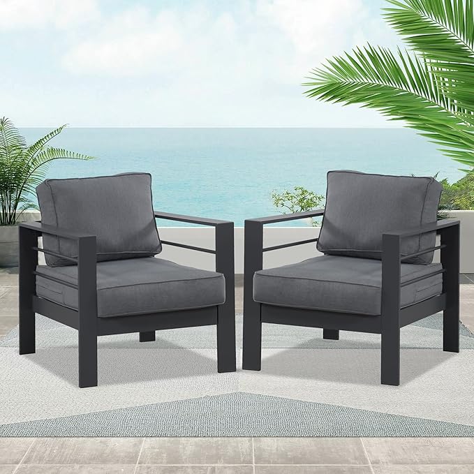 Wisteria Lane 2 Pieces Patio Furniture Aluminum Outdoor Chair, All-Weather Outdoor Single Chair, Grey Metal Chair with Dark Grey Cushions