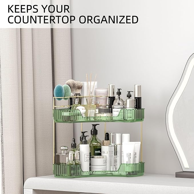 2 Tier Corner Bathroom Organizer Countertop, Vanity Makeup Organizer with Brush Holder, Space-Saving Skincare Storage Corner Shelf for Bathroom, Kitchen