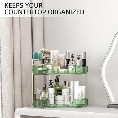 2 Tier Corner Bathroom Organizer Countertop, Vanity Makeup Organizer with Brush Holder, Space-Saving Skincare Storage Corner Shelf for Bathroom, Kitchen