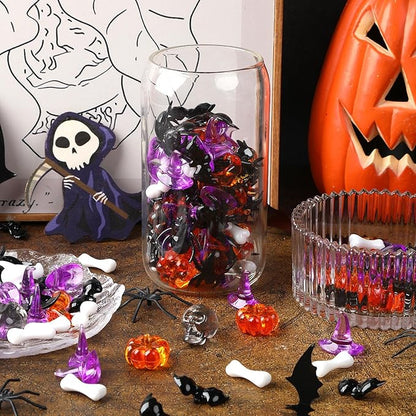 120Pcs Mini Halloween Acrylic Ornaments Vase Filler Mini Ghost Skull Skeleton Witch Hats Bones Spider Acrylic Pumpkin Crystals Gems Table Scatters for Halloween Decoration Party Favors Craft