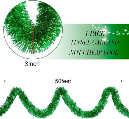 WILLBOND 50 ft Christmas Tinsel Garland Metallic Tinsel Twist Garland Christmas Tree Decorations New Year Wedding Birthday Hanging Decorations Party Supplies, 3 Inch(Green)