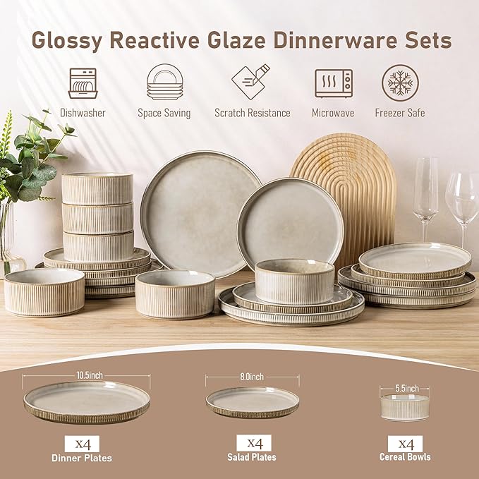 GBHOME Stoneware Dinnerware Sets for 4,Round Reactive Glaze Ceramic Plates and Bowls Set,Highly Scratch Resistant | Dishwasher & Microwave Safe Dishes Set,Service for 4(12Pcs)