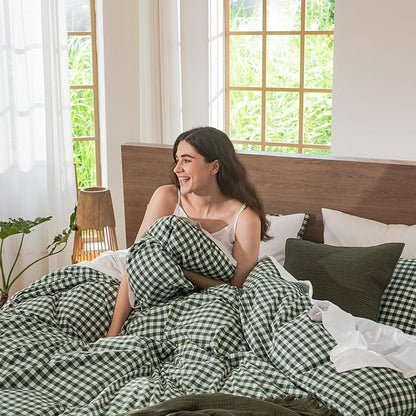 MooMee Gingham Duvet Cover Set 100% Washed Cotton Linen Like Textured Breathable Durable Soft Comfy Modern Checkered Design (Forest Green Gingham, Queen 90"x90")