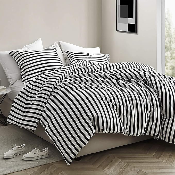 CLOTHKNOW Striped Full Size Comforter Sets Black White Bedding Comforter Sets Farmhouse Comforter Ticking Boho Comforter with 2 x Pillow Cases
