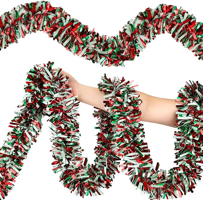 50FT Christmas Tinsel Garland, Red Green&White Metallic Twist Shiny Hanging Garland Ornaments for Christmas Tree, Party Supplies Thick Metallic Xmas Streamers
