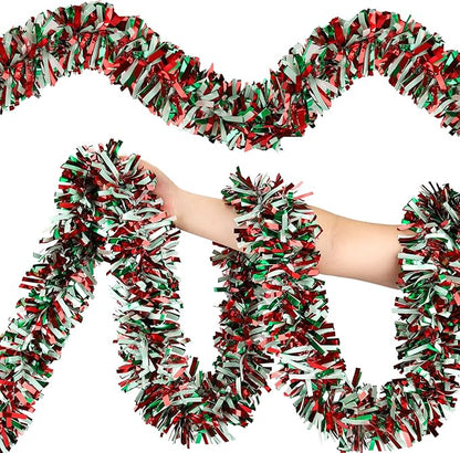 50FT Christmas Tinsel Garland, Red Green&White Metallic Twist Shiny Hanging Garland Ornaments for Christmas Tree, Party Supplies Thick Metallic Xmas Streamers