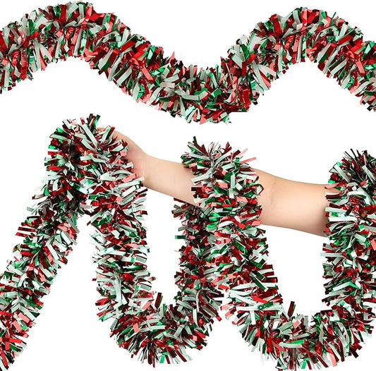 50FT Christmas Tinsel Garland, Red Green&White Metallic Twist Shiny Hanging Garland Ornaments for Christmas Tree, Party Supplies Thick Metallic Xmas Streamers