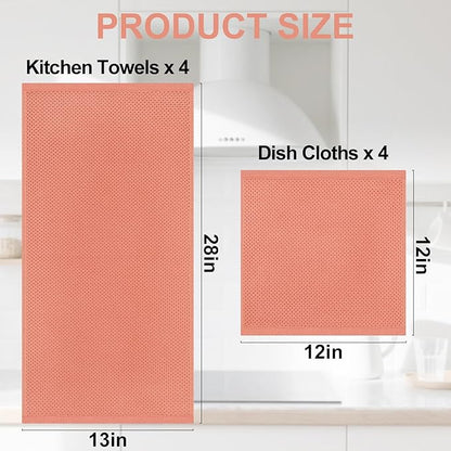 Homaxy 100% Cotton Kitchen Towels and Dishcloths Set, 12 x 12 Inches and 13 x 28 Inches, Set of 8 Bulk Kitchen Towels Set, Ultra Soft Absorbent Dish Cloths for Washing Dishes, Coral