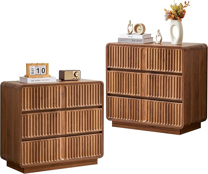 Fluted 3 Drawer Dressers for Bedroom, 31.5" Wide Large Mid Century Modern Nightstand 2 Sets W/3 Storage Drawers , Wood Dresser & Chest of Drawers with Curved Profile for Living Room (Walnut)
