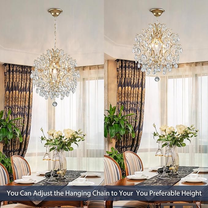 Bestier Modern Gold Pendant Chandelier Crystal Raindrop Lighting Ceiling Light Fixture Lamp for Dining Room Bathroom Bedroom Livingroom entryway 3 E12 Bulbs Required D16 in x H18 in