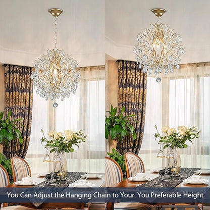 Bestier Modern Gold Pendant Chandelier Crystal Raindrop Lighting Ceiling Light Fixture Lamp for Dining Room Bathroom Bedroom Livingroom entryway 3 E12 Bulbs Required D16 in x H18 in