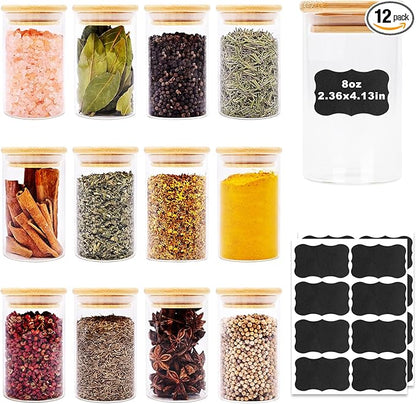 8oz Glass Food Storage Jars, Glass Jars with Bamboo Lids, Kitchen Storage Jars, Set of 12, Canisters with Airtight Lids for Spice, Coffee, Cookie, Pantry Organizers