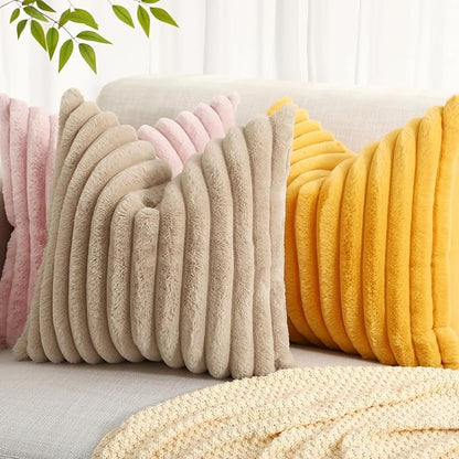 decorUhome Faux Fur Throw Pillow Covers 24x24 Set of 2, Decorative Soft Plush Striped Neutral Euro Pillow Covers with Velvet Back for Bed, Living Room Home Decor, Mustard Yellow
