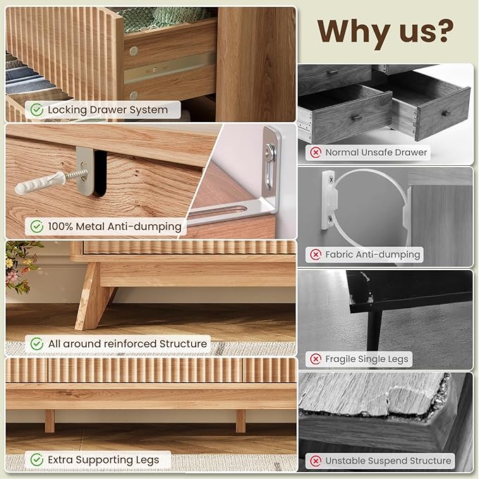 63'' Wide 9 Drawers Dressers for Bedroom, Modern Fluted Chest with Arc Corners, Large Wooden Dresser TV Stand, Wood Closet Clothes Storage Organizer for Living Room, Natural Wood