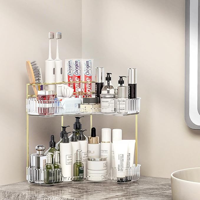 Makeup Organizer Countertop 2 Tier, Corner Bathroom Countertop Organizer with Toothbrush and Makeup Brush Holder, Corner Vanity Skincare Organization
