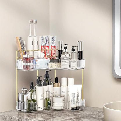 Makeup Organizer Countertop 2 Tier, Corner Bathroom Countertop Organizer with Toothbrush and Makeup Brush Holder, Corner Vanity Skincare Organization