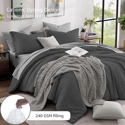 Monbix Queen Comforter Set - 7 Pieces Cationic Dyeing Dark Grey Bed in a Bag Queen Bedding Sets with Comforter, Sheets, Pillowcases & Shams, Reversible Bedding Comforters Sets