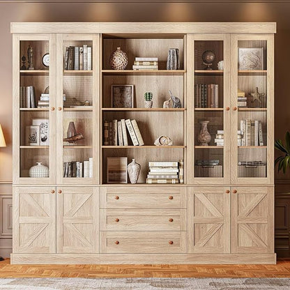 Vyre 71" Tall Farmhouse Bookshelves with Glass Doors and Drawers, Set of 3 – Large Modular Bookcase with Adjustable Shelves, Storage Cabinet for Living Room, Kitchen, Brown