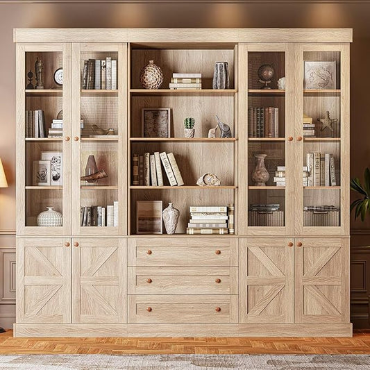 Vyre 71" Tall Farmhouse Bookshelves with Glass Doors and Drawers, Set of 3 – Large Modular Bookcase with Adjustable Shelves, Storage Cabinet for Living Room, Kitchen, Brown