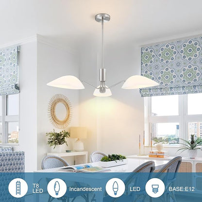 MEXO Modern Glass Chandeliers, Sputnik Chandelier Satin Nickel Pendant Lighting Fixture Glass Shade Ceiling Light for Dining Room Kitchen Island