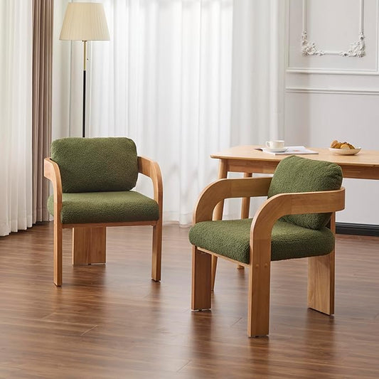 Christopher Knight Home Yorick Modern Boucle Dining Chair Set of 2 with Cushion, Solid Wood Dining Room, Curved Backrest Kitchen Side Chair, Living Room Comfy Extra Seat, Natural+Green