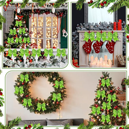 Cindeer 24 Pcs Lime Green Christmas Bow Decorations 6 x 6 Inches, Glitter Holiday Ornaments Sequin Ties Bows for Xmas Tree, Wreath, DIY Crafts, Gift Wrapping, Party Decor