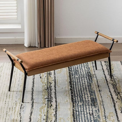 DUOMAY Modern Rectangle Ottoman Bench with Arms and Metal Legs, Mid Century PU Bed Bench Footstool Entryway Shoe Bench for Dining Room Bedroom Living Room, Brown