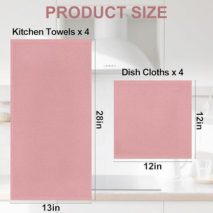 Homaxy 100% Cotton Kitchen Towels and Dishcloths Set, 12 x 12 Inches and 13 x 28 Inches, Set of 8 Bulk Kitchen Towels Set, Ultra Soft Absorbent Dish Cloths for Washing Dishes, Dried Rose