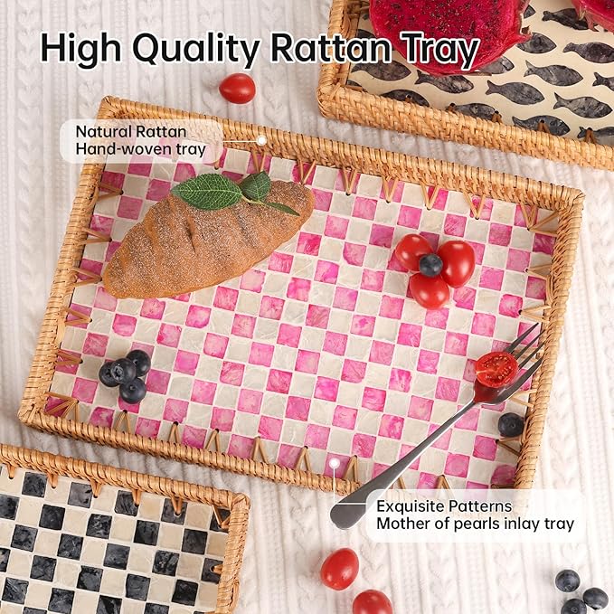 Rectangle Rattan Tray with Mother of Pearl Inlay, Rattan Serving Tray with Handle for Coffee, Bread, Fruits, Decorative Wicker Tray for Table Decor (Rectangle Pink Checkerboard, 13"×9")