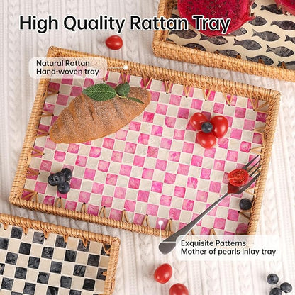 Rectangle Rattan Tray with Mother of Pearl Inlay, Rattan Serving Tray with Handle for Coffee, Bread, Fruits, Decorative Wicker Tray for Table Decor (Rectangle Pink Checkerboard, 13"×9")