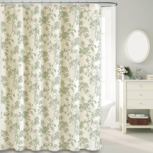 Extra Long Sage Green Shower Curtain Floral Cotton Linen Cottagecore Shower Curtain for Bathroom 72" W x 84" L