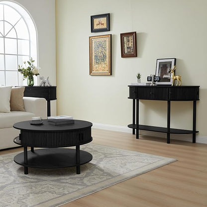 31.5” Round Coffee Table with Storage, Mid Century Modern 2 Tier Coffee Table with Tambour Sliding Door, Solid Wood Legs Fluted Center Table for Living Room Home Office Small Space, Black