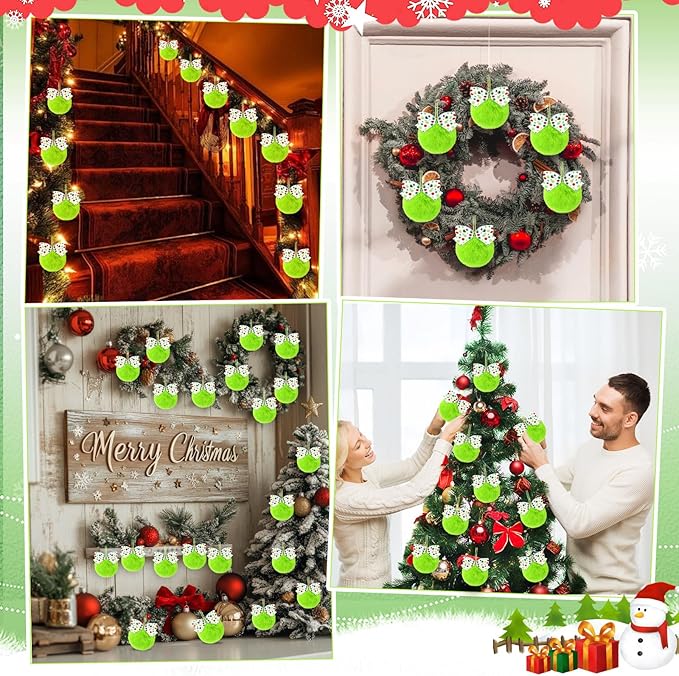 Norme 24-Pack Lime Green Furry Christmas Balls with Bow, 4" Soft Faux Fur Plush Pom Pom Ball Ornaments for Christmas Tree Hanging Decorations Party Fireplace Mantel Wall Decor(White Polka Dots)