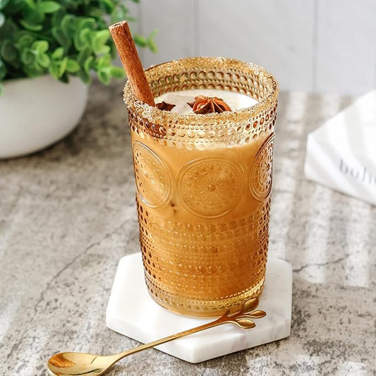Kate Aspen Hobnail Beaded Floral Amber Drinking Glasses Set of 6, (13 oz) Vintage Glassware Set Cocktail Glass Set, Juice Glass, Water Cups | Great Hostess Gift & Gift for New Home Owners