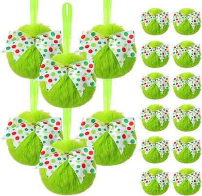 Liliful 18 Pcs Lime Green Furry Christmas Ball Ornaments3.15 Inch Bow Xmas Furry Ornaments Hanging Christmas Pom Pom Ball Decorations for Home Xmas Tree Party Supplies Wall Decor(Style 2,White)