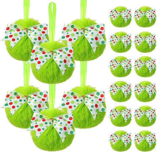 Liliful 18 Pcs Lime Green Furry Christmas Ball Ornaments3.15 Inch Bow Xmas Furry Ornaments Hanging Christmas Pom Pom Ball Decorations for Home Xmas Tree Party Supplies Wall Decor(Style 2,White)