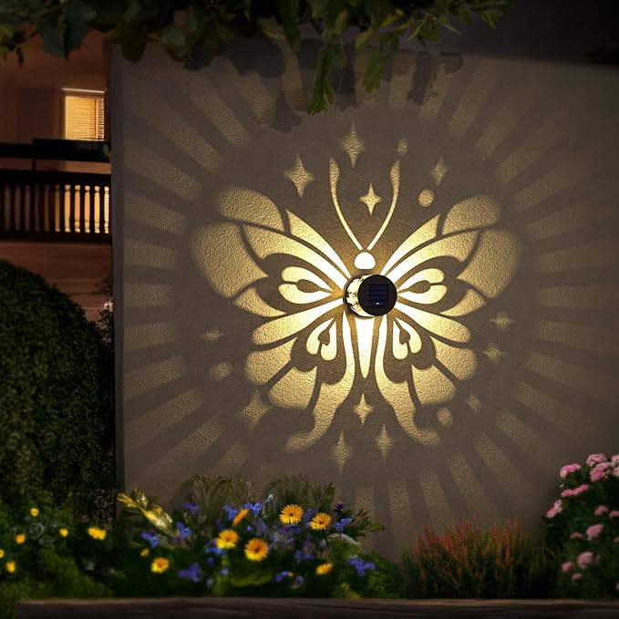 Solar Fence Lights 2 Pack Outdoor Deck Step Wall Lights Metal Waterproof LED Warm Yellow Light for Garden Post Patio Backyard Yard Decor (Butterfly-Star, 2)
