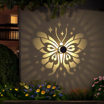 Solar Fence Lights 2 Pack Outdoor Deck Step Wall Lights Metal Waterproof LED Warm Yellow Light for Garden Post Patio Backyard Yard Decor (Butterfly-Star, 2)