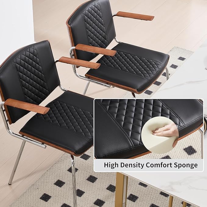 Modern Dining Chairs Set of 2 – Walnut Wood Frame with PU Leather Seat, Silver Metal Legs – Mid-Century Kitchen Chairs for Dining Room, Kitchen, Black