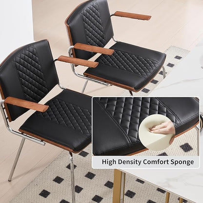 Modern Dining Chairs Set of 2 – Walnut Wood Frame with PU Leather Seat, Silver Metal Legs – Mid-Century Kitchen Chairs for Dining Room, Kitchen, Black
