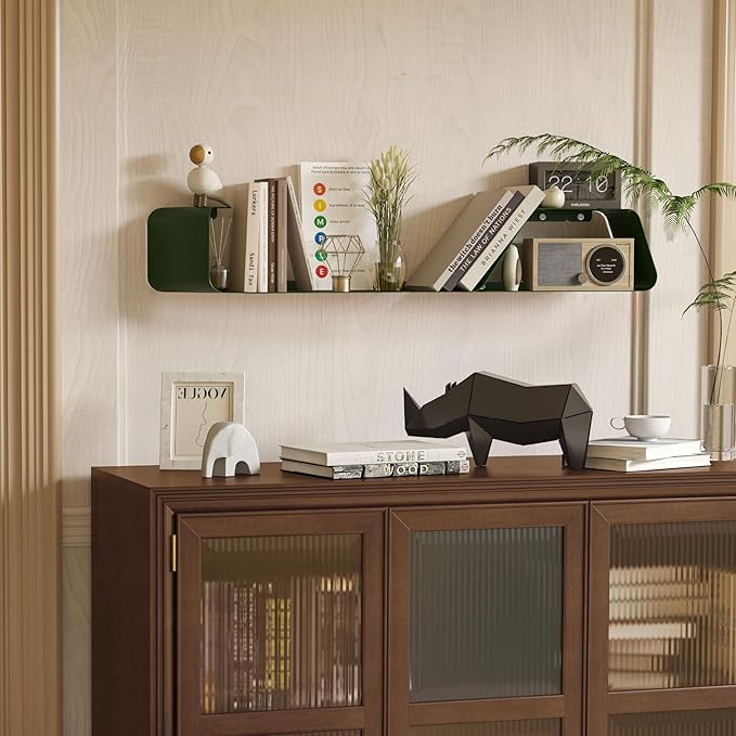 Floating Shelves, Wall Shelf, Set of 3 Mounted Metal Shelves with Unique Design for Wall Storage, Book Shelf, Display Shelves for Bathroom Bedroom Kitchen Living Room for Home Green